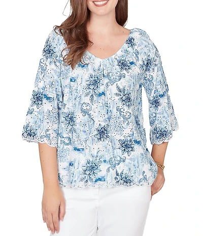 Ruby Rd. Petite Size Woven Toile Print V-Neck 3/4 Sleeve Allover Eyelet Top