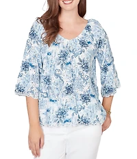 Ruby Rd. Petite Size Woven Toile Print V-Neck 3/4 Sleeve Allover Eyelet Top