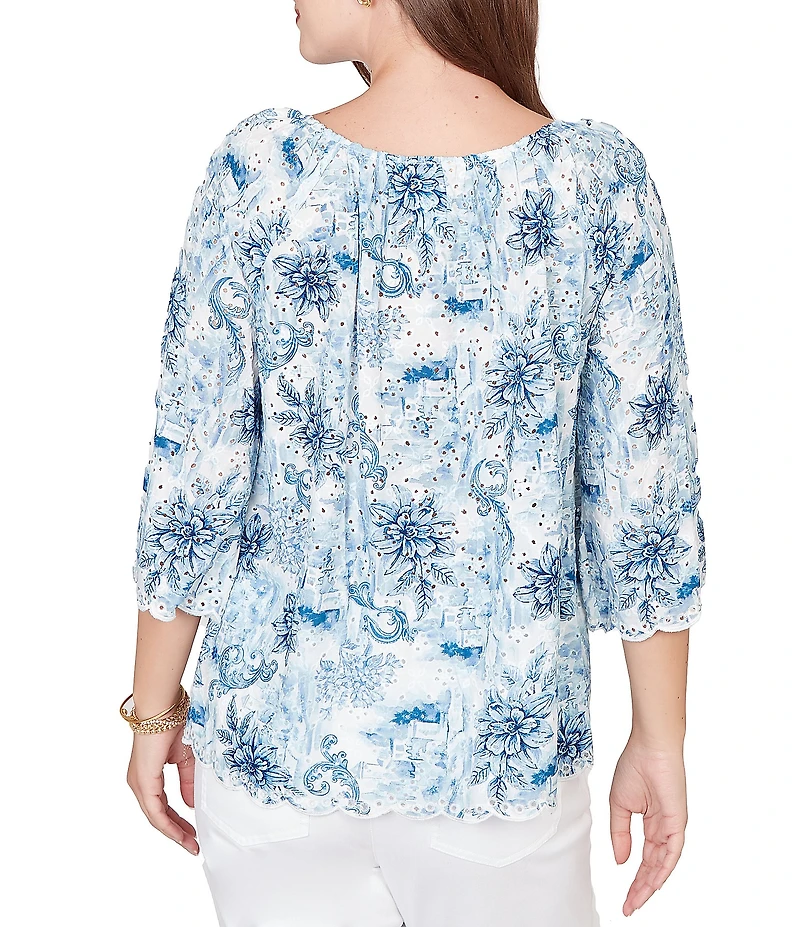 Ruby Rd. Petite Size Woven Toile Print V-Neck 3/4 Sleeve Allover Eyelet Top