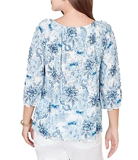 Ruby Rd. Petite Size Woven Toile Print V-Neck 3/4 Sleeve Allover Eyelet Top