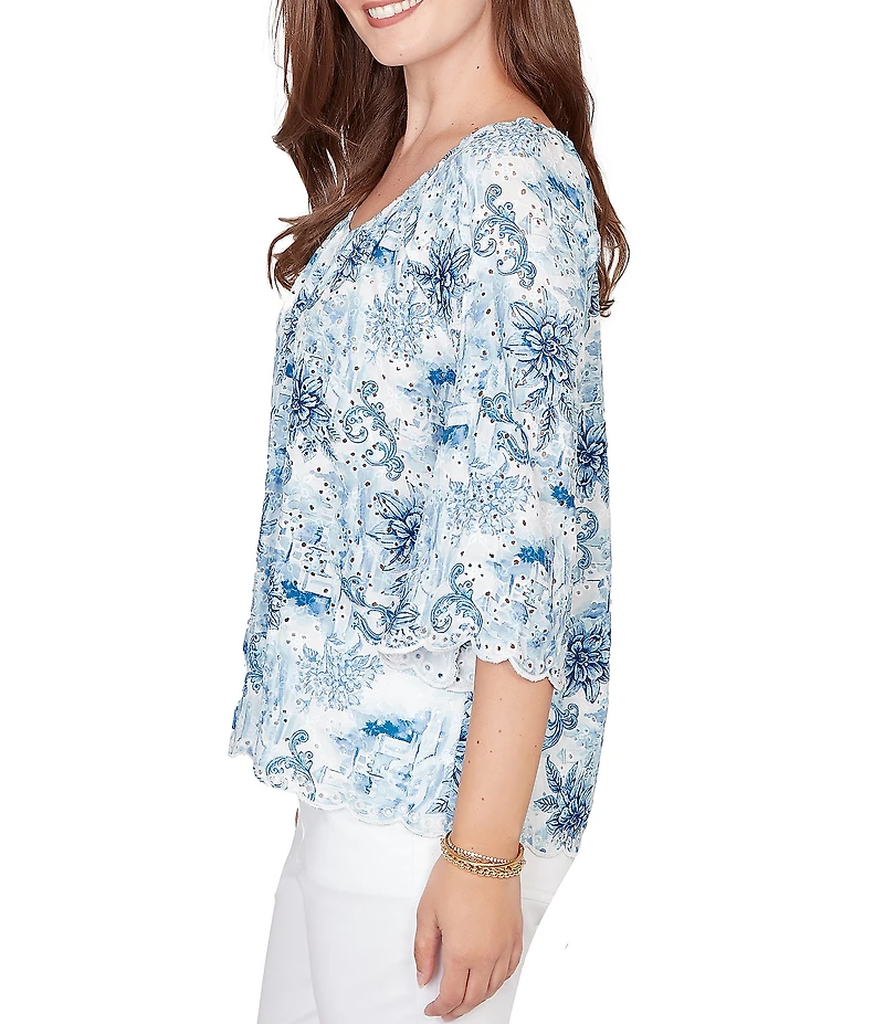 Ruby Rd. Petite Size Woven Toile Print V-Neck 3/4 Sleeve Allover Eyelet Top