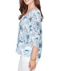 Ruby Rd. Petite Size Woven Toile Print V-Neck 3/4 Sleeve Allover Eyelet Top