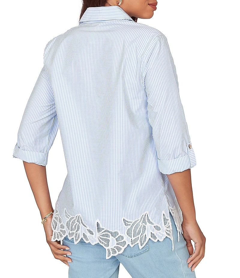 Ruby Rd. Petite Size Woven Yarn-Dyed Stripe Johnny Collar 3/4 Roll-Tab Sleeve Embroidered Hem Blouse