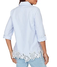 Ruby Rd. Petite Size Woven Yarn-Dyed Stripe Johnny Collar 3/4 Roll-Tab Sleeve Embroidered Hem Blouse