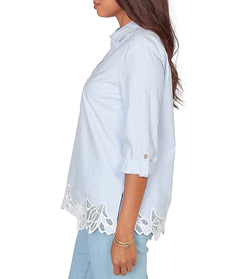 Ruby Rd. Petite Size Woven Yarn-Dyed Stripe Johnny Collar 3/4 Roll-Tab Sleeve Embroidered Hem Blouse