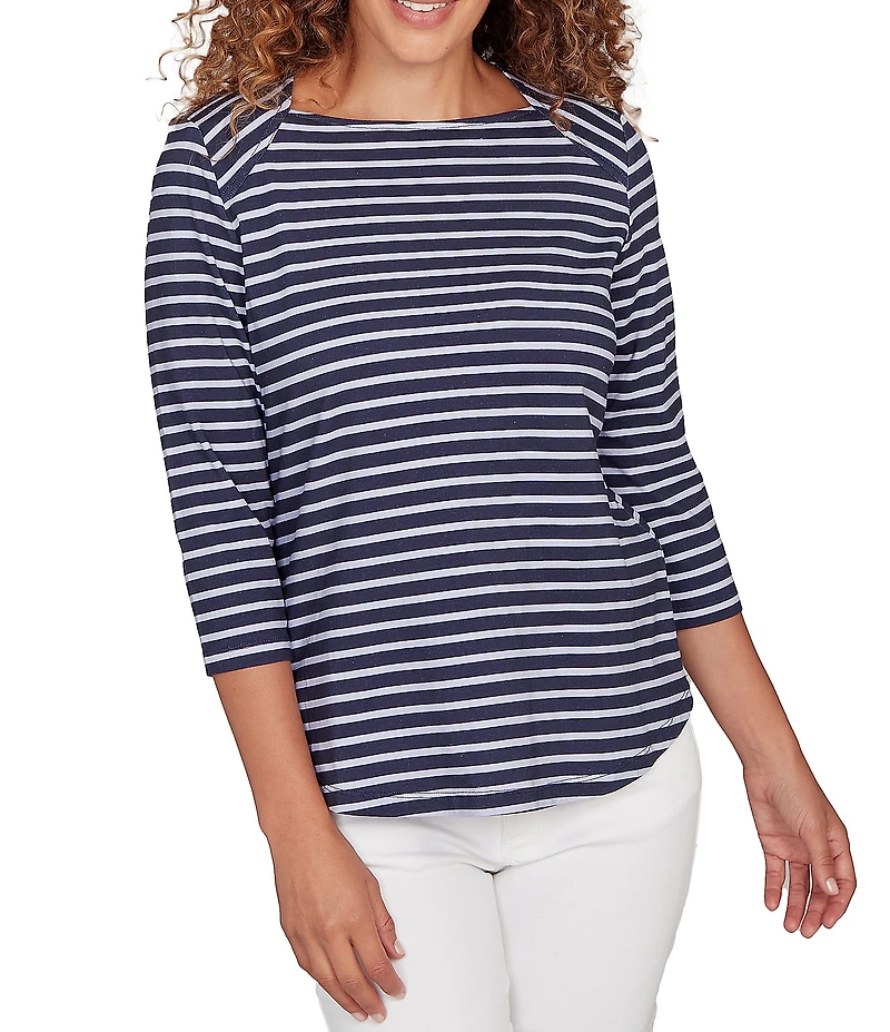 Ruby Rd. Petite Size Yarn-Dyed Cotton Jersey Striped Square Neck 3/4 Sleeve Tee Top