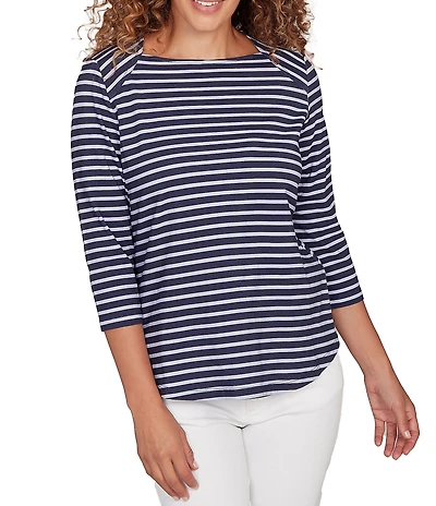 Ruby Rd. Petite Size Yarn-Dyed Cotton Jersey Striped Square Neck 3/4 Sleeve Tee Top