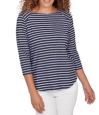 Ruby Rd. Petite Size Yarn-Dyed Cotton Jersey Striped Square Neck 3/4 Sleeve Tee Top