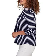Ruby Rd. Petite Size Yarn-Dyed Cotton Jersey Striped Square Neck 3/4 Sleeve Tee Top