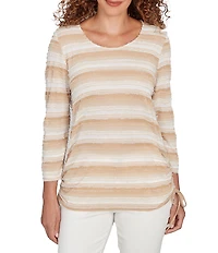 Ruby Rd. Petite Size Yarn-Dyed Eyelash Stripe Scoop Neck 3/4 Sleeve Adjustable Side Ties Top