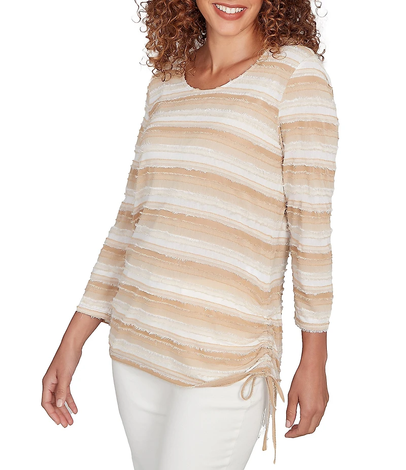 Ruby Rd. Petite Size Yarn-Dyed Eyelash Stripe Scoop Neck 3/4 Sleeve Adjustable Side Ties Top