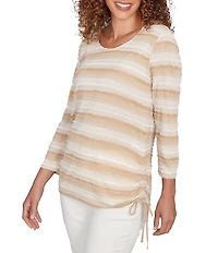 Ruby Rd. Petite Size Yarn-Dyed Eyelash Stripe Scoop Neck 3/4 Sleeve Adjustable Side Ties Top
