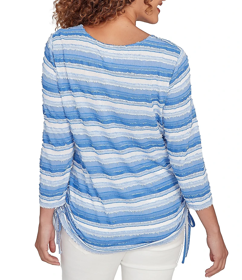 Ruby Rd. Petite Size Yarn-Dyed Eyelash Stripe Scoop Neck 3/4 Sleeve Adjustable Side Ties Top