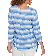 Ruby Rd. Petite Size Yarn-Dyed Eyelash Stripe Scoop Neck 3/4 Sleeve Adjustable Side Ties Top