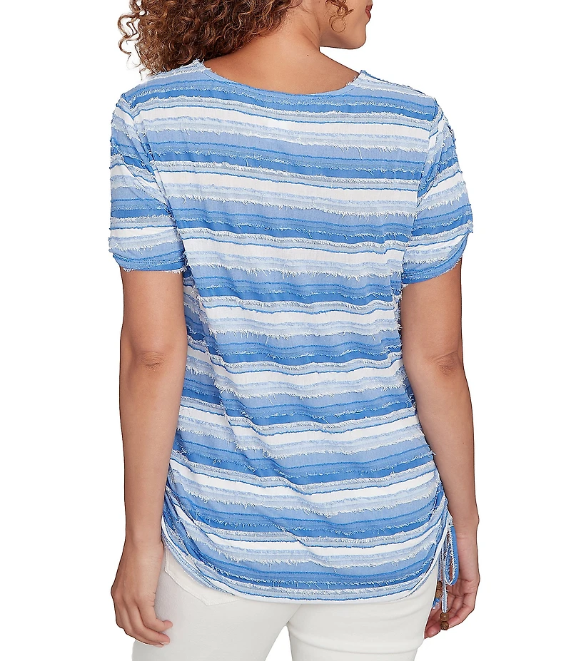 Ruby Rd. Petite Size Yarn-Dyed Knit Stripe Scoop Neck Short Sleeve Side Ties Top
