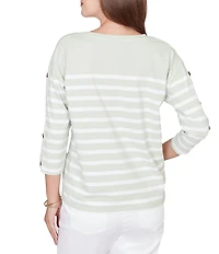 Ruby Rd. Petite Size Yarn-Dyed Stripe Crew Neck 3/4 Button Sleeve Knit Top