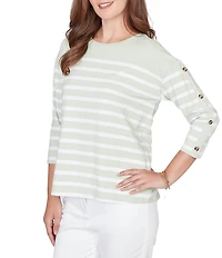 Ruby Rd. Petite Size Yarn-Dyed Stripe Crew Neck 3/4 Button Sleeve Knit Top
