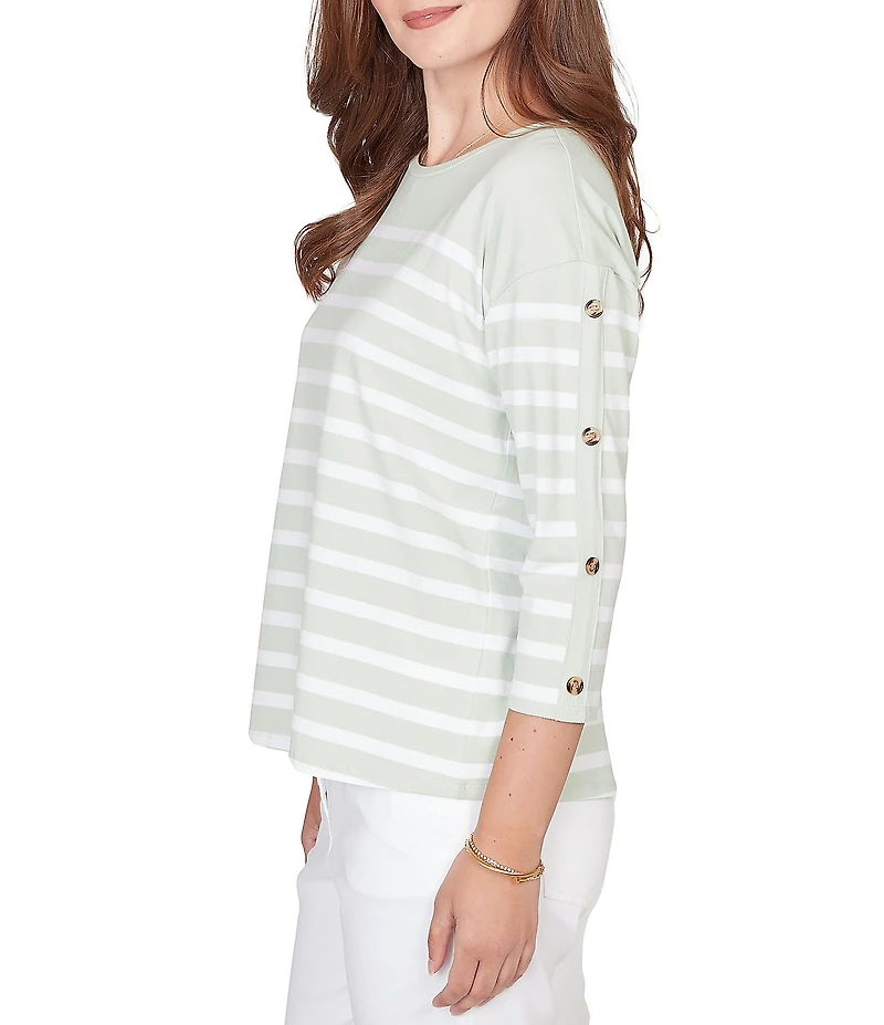 Ruby Rd. Petite Size Yarn-Dyed Stripe Crew Neck 3/4 Button Sleeve Knit Top