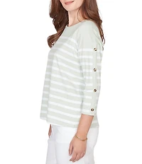 Ruby Rd. Petite Size Yarn-Dyed Stripe Crew Neck 3/4 Button Sleeve Knit Top