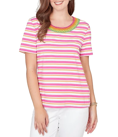 Ruby Rd. Petite Size Yarn-Dyed Stripe Crochet Embellished Scoop Neck Short Sleeve Tee