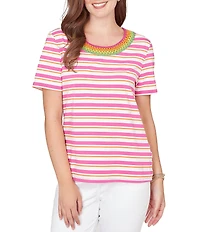 Ruby Rd. Petite Size Yarn-Dyed Stripe Crochet Embellished Scoop Neck Short Sleeve Tee