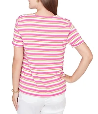 Ruby Rd. Petite Size Yarn-Dyed Stripe Crochet Embellished Scoop Neck Short Sleeve Tee