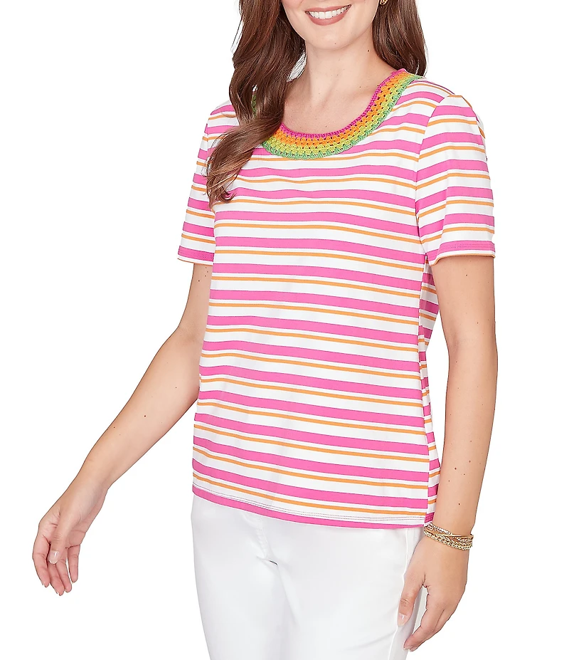 Ruby Rd. Petite Size Yarn-Dyed Stripe Crochet Embellished Scoop Neck Short Sleeve Tee