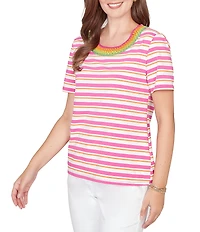 Ruby Rd. Petite Size Yarn-Dyed Stripe Crochet Embellished Scoop Neck Short Sleeve Tee