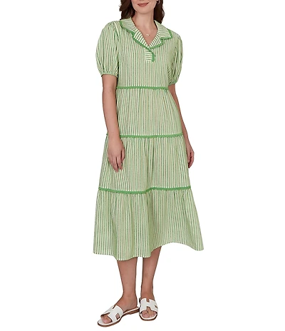 Ruby Rd. Petite Size Yarn-Dyed Textured Stripe Contrast Trim Tiered Midi Dress