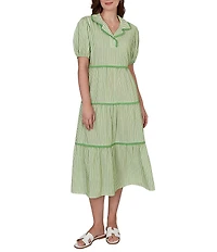 Ruby Rd. Petite Size Yarn-Dyed Textured Stripe Contrast Trim Tiered Midi Dress