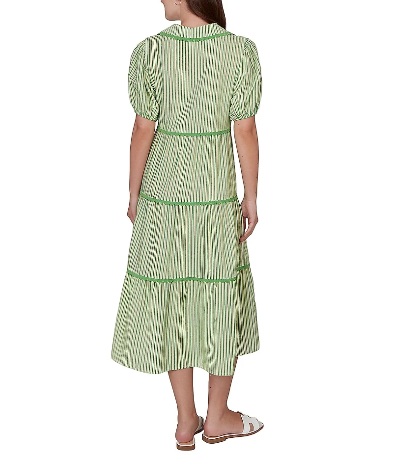 Ruby Rd. Petite Size Yarn-Dyed Textured Stripe Contrast Trim Tiered Midi Dress
