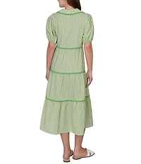 Ruby Rd. Petite Size Yarn-Dyed Textured Stripe Contrast Trim Tiered Midi Dress