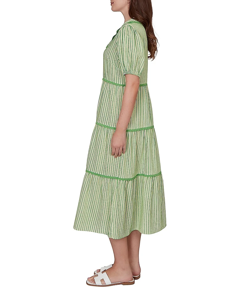 Ruby Rd. Petite Size Yarn-Dyed Textured Stripe Contrast Trim Tiered Midi Dress
