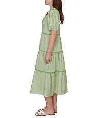 Ruby Rd. Petite Size Yarn-Dyed Textured Stripe Contrast Trim Tiered Midi Dress