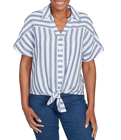 Ruby Rd. Petite Size Yarn-Dyed Woven Stripe Collared V-Neck Short Sleeve Button Front Shirt