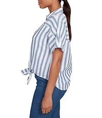 Ruby Rd. Petite Size Yarn-Dyed Woven Stripe Collared V-Neck Short Sleeve Button Front Shirt