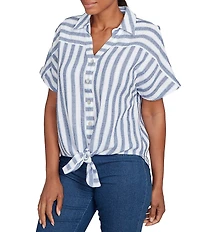 Ruby Rd. Petite Size Yarn-Dyed Woven Stripe Collared V-Neck Short Sleeve Button Front Shirt