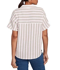 Ruby Rd. Petite Size Yarn-Dyed Woven Stripe Collared V-Neck Short Sleeve Button Front Shirt