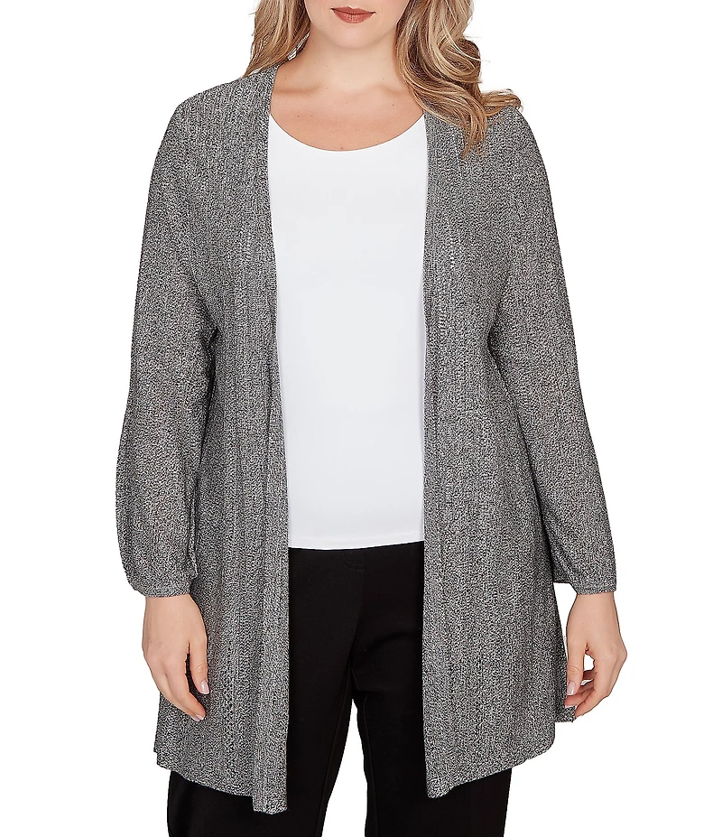 Ruby Rd. Plus Cozy Ribbed Ivory Black Multi 3/4 Sleeve Open-Front Cardigan