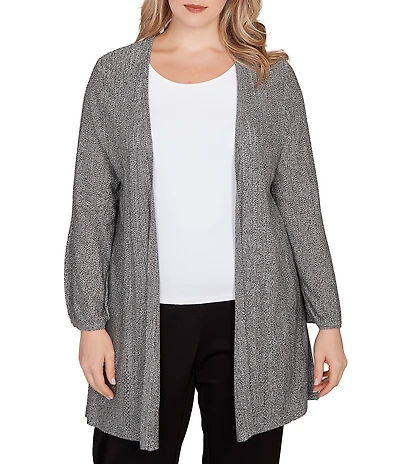 Ruby Rd. Plus Cozy Ribbed Ivory Black Multi 3/4 Sleeve Open-Front Cardigan