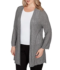 Ruby Rd. Plus Cozy Ribbed Ivory Black Multi 3/4 Sleeve Open-Front Cardigan