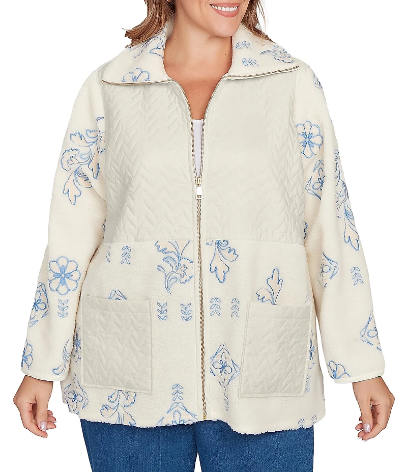 Ruby Rd. Plus Embroidered Quilted Mock Neck Long Sleeve Shearling Jacket