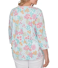 Ruby Rd. Plus Size Allover Floral Envelope Neck 3/4 Sleeve Knit Top