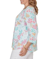 Ruby Rd. Plus Size Allover Floral Envelope Neck 3/4 Sleeve Knit Top