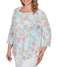 Ruby Rd. Plus Size Allover Floral Envelope Neck 3/4 Sleeve Knit Top
