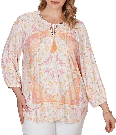 Ruby Rd. Plus Size Bohemian Embroidered Split V-Neck 3/4 Sleeve Tapestry Print Tassel Tie Blouse