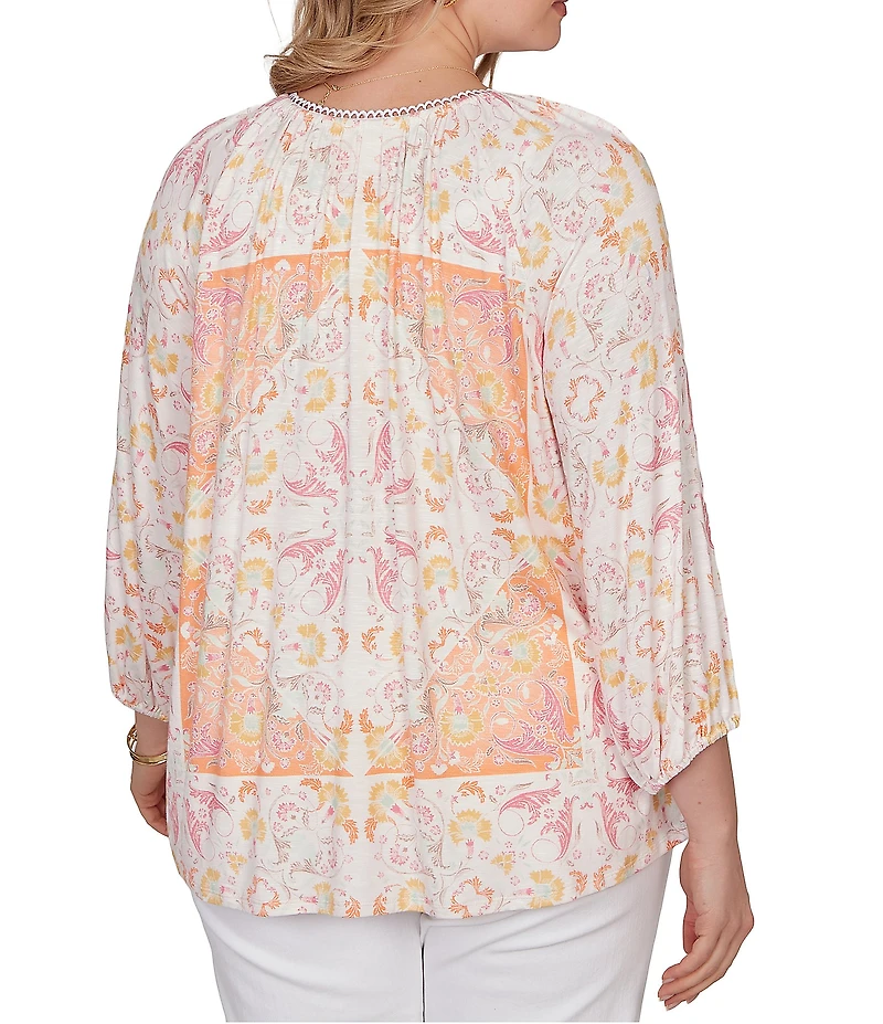 Ruby Rd. Plus Size Bohemian Embroidered Split V-Neck 3/4 Sleeve Tapestry Print Tassel Tie Blouse