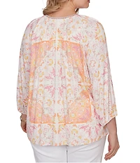 Ruby Rd. Plus Size Bohemian Embroidered Split V-Neck 3/4 Sleeve Tapestry Print Tassel Tie Blouse