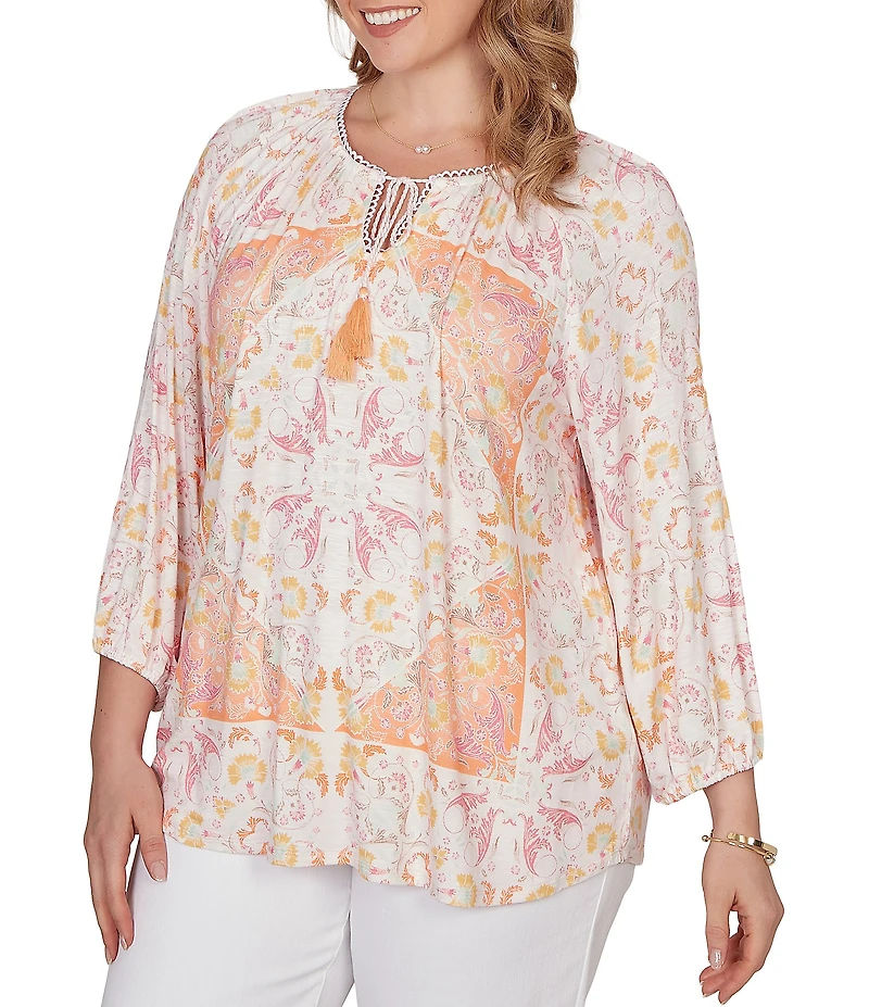 Ruby Rd. Plus Size Bohemian Embroidered Split V-Neck 3/4 Sleeve Tapestry Print Tassel Tie Blouse