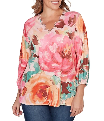 Ruby Rd. Plus Size Bold Floral Scalloped V-Neck 3/4 Sleeve Oversized Knit Top